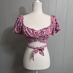 Shein Pink Floral Wrap Crop Top Size L
